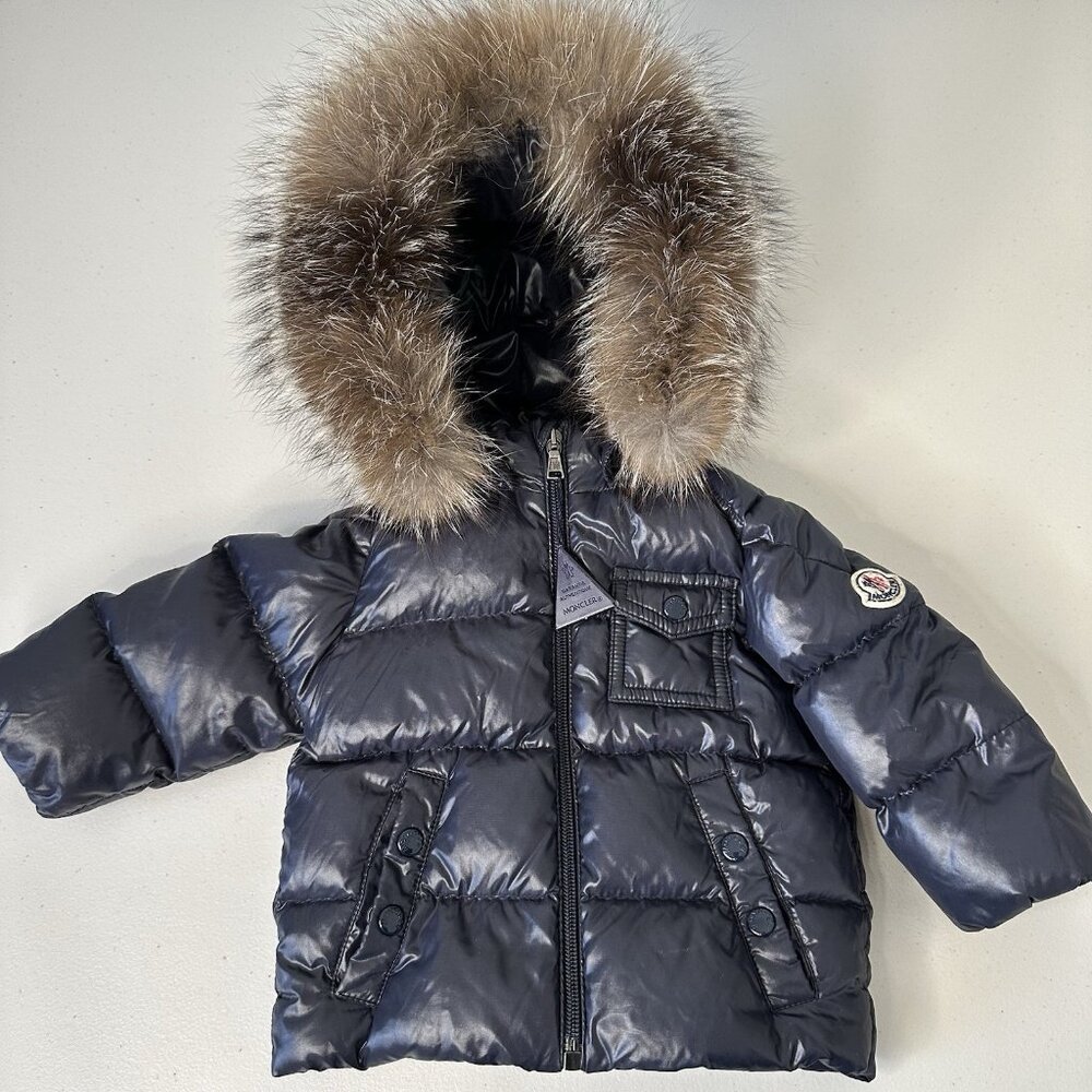 Moncler K2 Hooded Down Jacket Fox Fur Trim Navy Size 6‎ to 9 months Baby